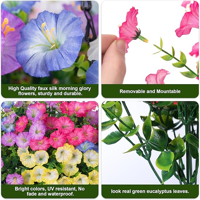 Artificial Flowers for Outdoors Fake Plants Outside Decoration, 12 Bundles Silk Colorful Morning Glory with Eucalyptus UV Resistant Realistic Faux Flowers for Planter Porch Patio Yard Indoor-Ruum Studio Home