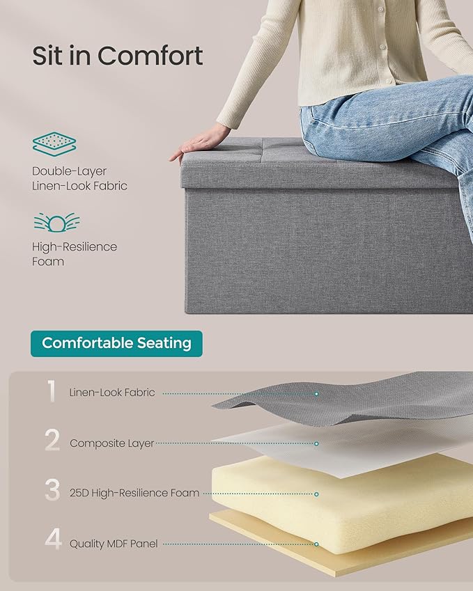 SONGMICS MAZIE Collection - 30 Inches Folding Storage Ottoman Bench, Ottoman Foot Rest, End of Bed Bench, Storage Chest, Load 660 lb, for Living Room, Bedroom, Entryway, Light Gray ULSF47G-Ruum Studio Home