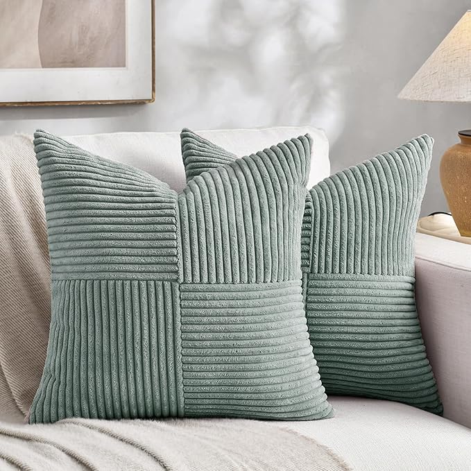 Fancy Homi 2 Packs Grey Blue Euro Decorative Throw Pillow Covers 28x28 Inch for Couch Bed Sofa, Rustic Farmhouse Boho Home Decor, Soft Corss Corduroy Patchwork Textured Square Cushion Case 71x71 cm-Ruum Studio Home
