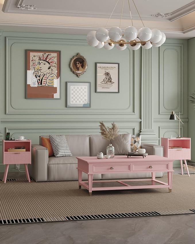 Nightstand,Modern Bedside Table with Storage Drawer and Open Wood Shelf, Accent Night Stand with Solid Wood Legs for Living Room, Bedroom and Small Spaces,Easy Assembly (Pink-Outlet)-Ruum Studio Home