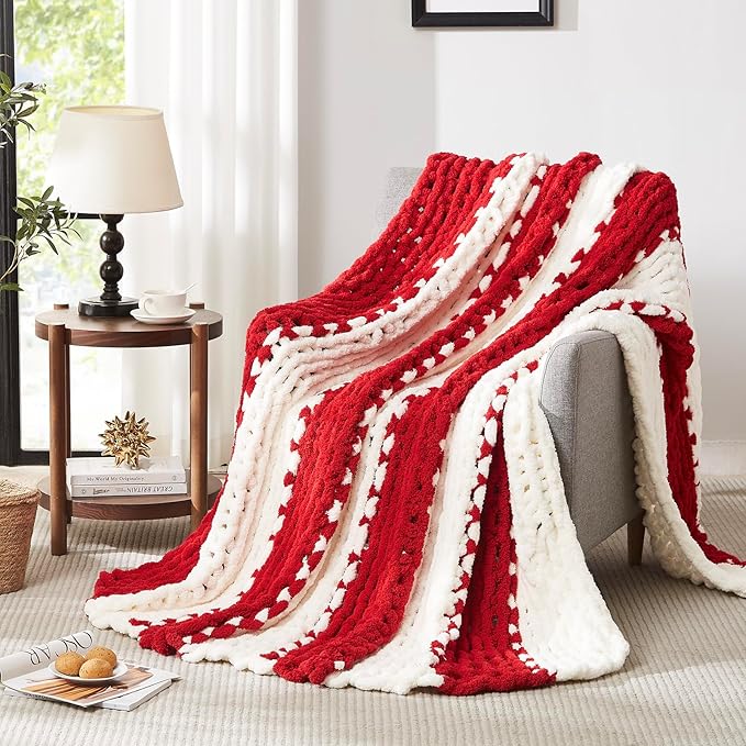 L'AGRATY Chunky Knit Blanket Throw: 72''x84'' Chenille Chunky Knitted Throw Blanket for Bed Couch - Handmade Thick Big Cable Knit Blanket - Large Chunky Crochet Blanket for Home Decor(Red White)-Ruum Studio Home
