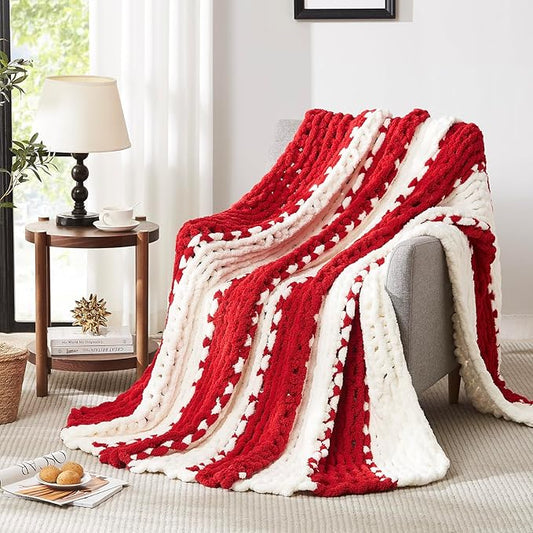 L'AGRATY Chunky Knit Blanket Throw: 72''x84'' Chenille Chunky Knitted Throw Blanket for Bed Couch - Handmade Thick Big Cable Knit Blanket - Large Chunky Crochet Blanket for Home Decor(Red White)-Ruum Studio Home