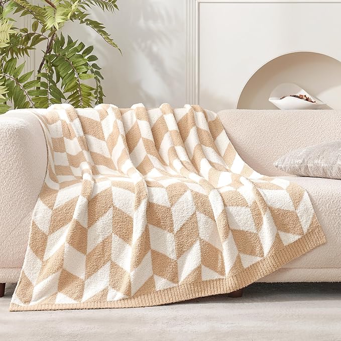 Snuggle Sac Chevron Throw Blanket for Couch, Reversible Super Soft Warm Blankets Cozy Knit Fuzzy Plush Lightweight Throws for Sofa, Bed, Camping, Beige,50x60 inches-Ruum Studio Home