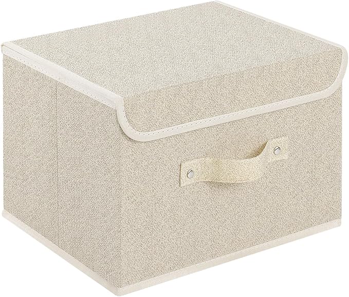 Storage Boxes, Collapsible Storage Bins with Lids, Cotton and linen cloth Storage Baskets with Handle, for Books, Closet, Bedroom, Home, 10.2x7.9x6.7 in, Grey and Beige-Ruum Studio Home