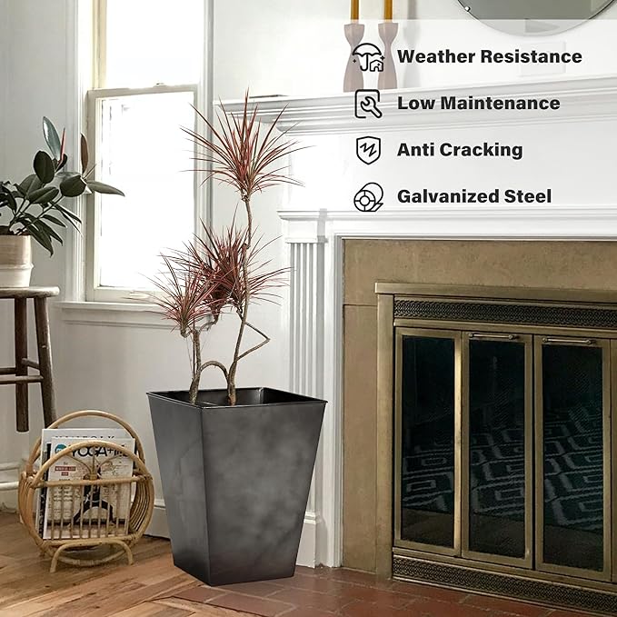 KOL 18''H. Bright Glazed Planter with Drainage Hole, Set of 2, Galvanized Steel Planter Pots for Indoor & Outdoor Use, Decorative Flower Plant Pots for Front Porch, Patio, Deck - Black-Ruum Studio Home