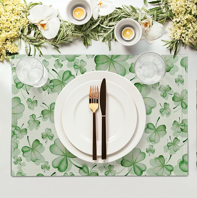 Shamrocks St. Patrick's Day Placemats Set of 4 Watercolor Lucky Clovers St Patrick's Day Table Mats Seasonal Spring Green Leaves Linen Place Mats for Party Kitchen Dining Outdoor Indoor Decor-Ruum Studio Home