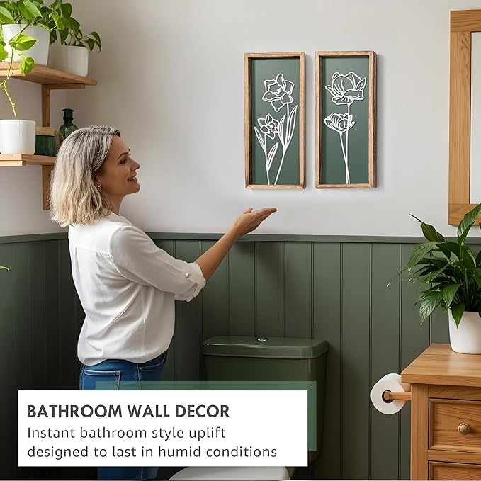 3D Floral Green Wall Art (Set of 2) Lightweight, Wooden Ready-to-Hang Boho Framed Wall Art for Bathroom, Bedroom, Living Room or Office – Premium Sage Green Farmhouse Decor – Gift-Boxed-Ruum Studio Home