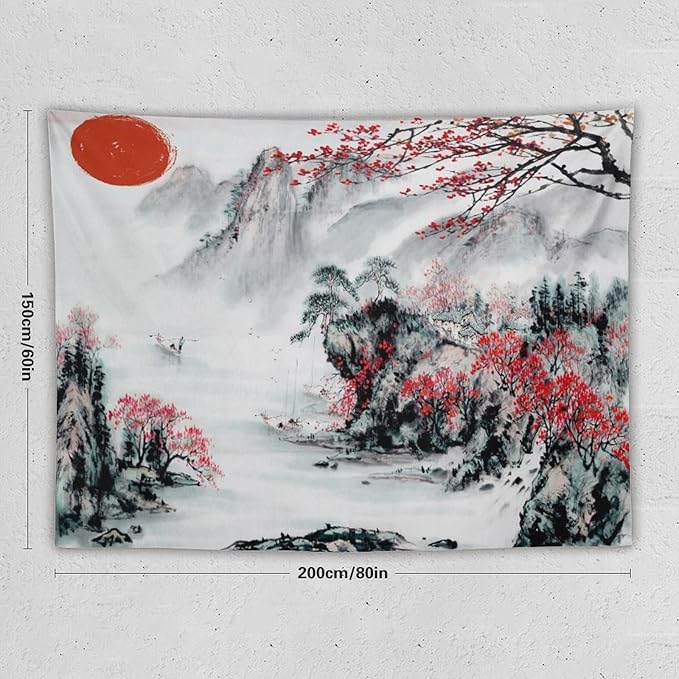 Cherry Blossoms Tapestry,Japanese Red Landscape Asian Watercolor Abstract Art Tapestry, Asian Japanese Wall Tapestry, Nature Landscape Tapestries for Bedroom Living Room Decor 80"x60"-Ruum Studio Home