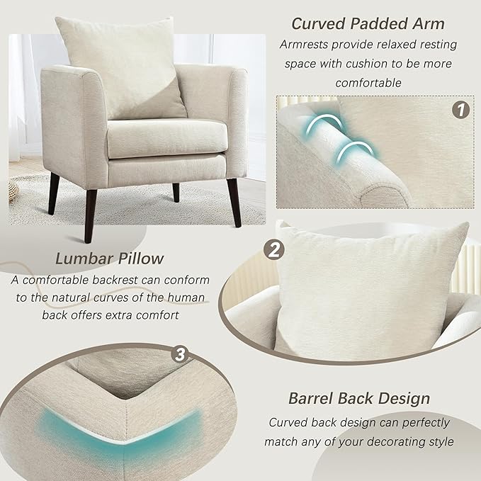 Barrel Accent Chair with Back Pillow, Large Upholstered Armchair with Solid Wood Legs Modern Reading Chairs for Living Room Bedroom-Ruum Studio Home