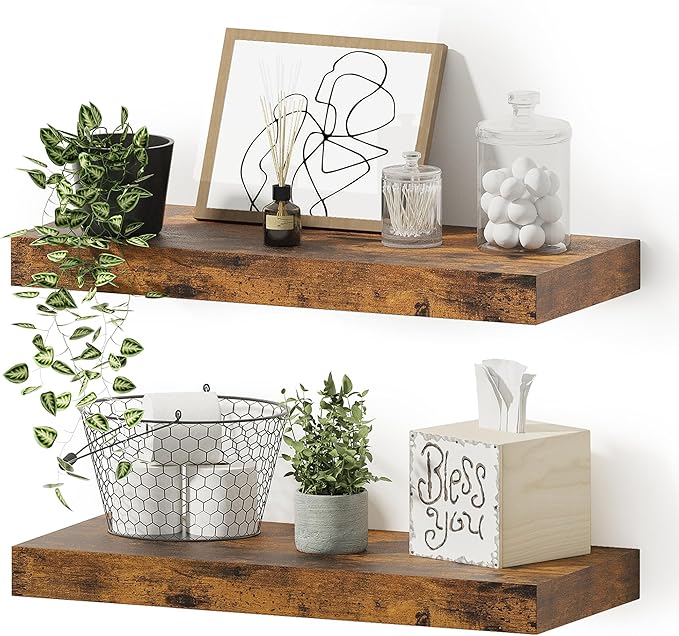 Floating Shelves for Wall, 16 inchs x 6.7” deep x 1.4” Bathroom Shelf Bedroom, Living Room, Kitchen, Farmhouse Decor, Rustic Wood Wall Shelves with Invisible Brackets - Set of 2, Rustic Brown-Ruum Studio Home