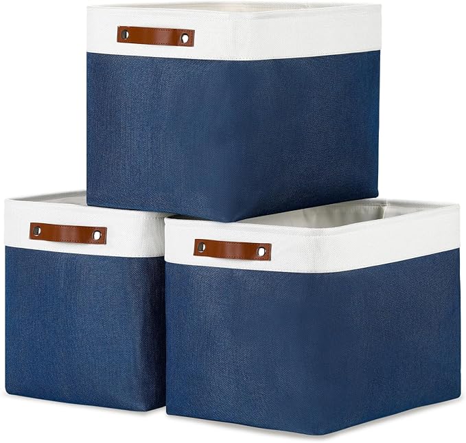 DULLEMELO Large Storage Baskets with Leather Handles for Linen Closet and Home Office, Decorative Baskets for Toys Storage (White & Blue)-Ruum Studio Home