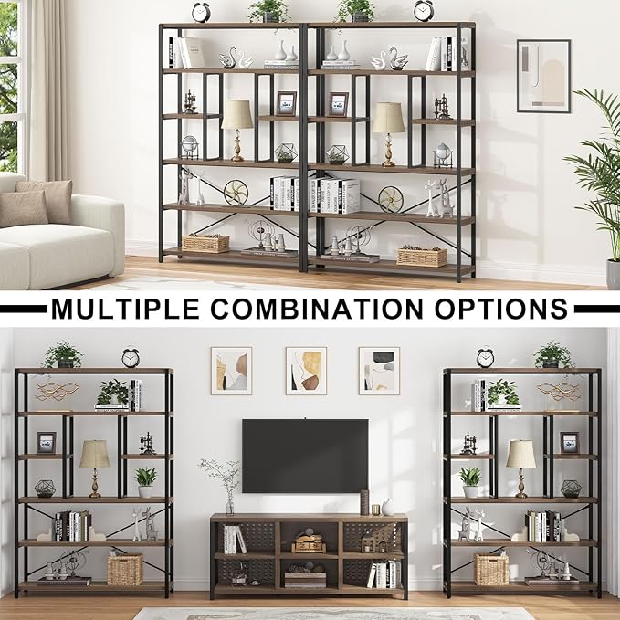 LVB Tall Industrial Etagere Bookcase, Modern Wood Large Open 6 Tier Bookshelf, Vintage Wide Metal Book Shelf Organizer, Farmhouse Book Shelves for Bedroom Living Room Home Office Storage, Rustic Oak-Ruum Studio Home