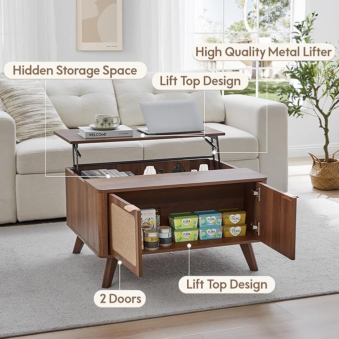 AVZEAR Lift Top Coffee Table with Storage, Mid Century Modern Coffee Table with Nature Linen Doors & Large Hidden Storage, Rounded Corners Center Table Farmhouse Coffee Tables for Living Room, Walnut-Ruum Studio Home