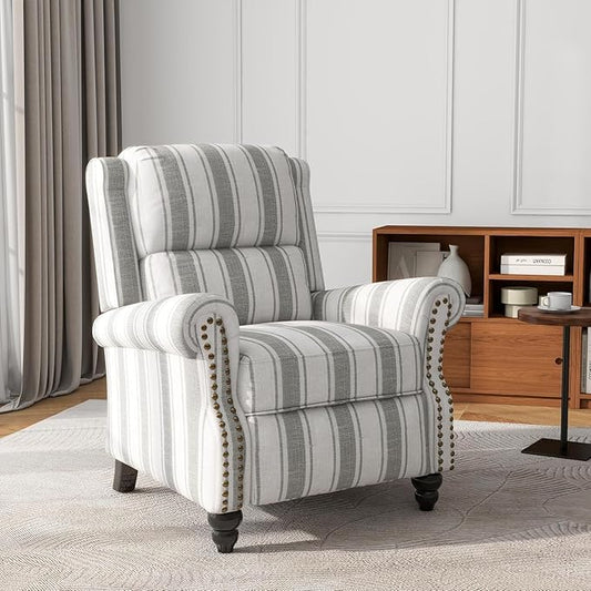 UIXE Pushback Recliner Chair Push Back Accent Chair, Fabric Overstuffed Armchair for Living Room, Rivet Trim Club Chair Home Theater Single Sofa Bedroom Reading Seat - Stripe Gray-Ruum Studio Home