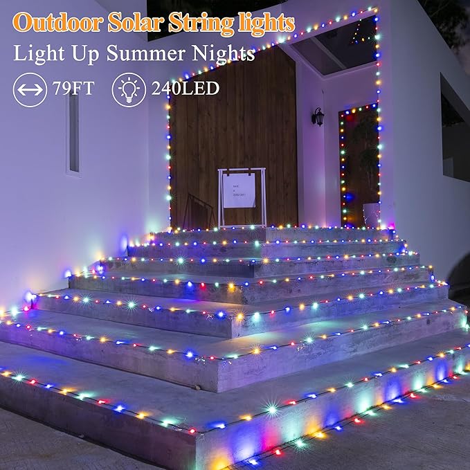 Solar String Lights 240LED 79FT, IP67 Waterproof String Lights for Outside with 8 Lighting Modes, Upgraded Solar Panel Fairy Lights for Garden Party Wedding Decorations (Multicolor)-Ruum Studio Home