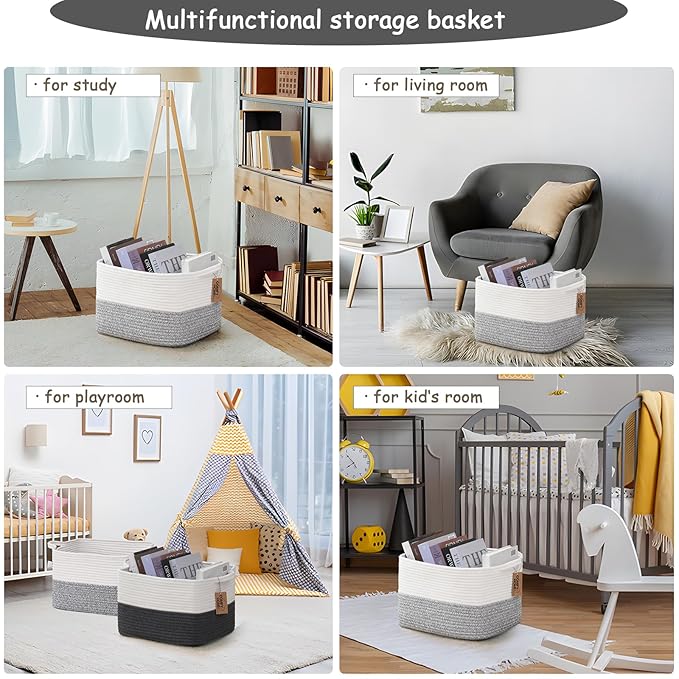 COMFY-HOMI Cotton Rope Woven Basket with Handles for Shelves,Toys,Book, Cloth Storage Baskets Bin for Organizing-13.5"x11"x9.5" Toy Decorative Organizer for Living Room, Bathroom-White/Grey-Ruum Studio Home