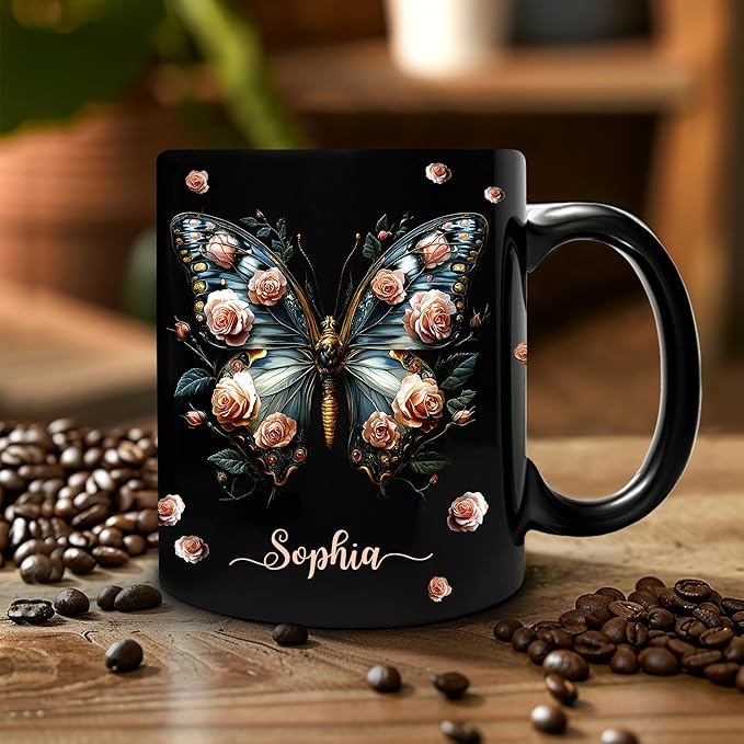 Hyturtle Personalized Butterfly 2D Print Mug - Butterfly Gifts For Women Lovers - Animal Gift For Bird Lover Her - Bird Gifts For Mom on Mother Day - Custom Name Coffee Cup Ceramic Mug 11 Oz 15 Oz-Ruum Studio Home