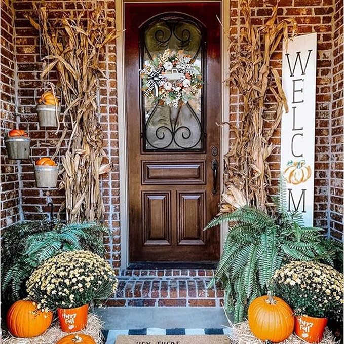 Fall Wreath for Front Door,20 inch White Pumpkin Door Wreath with Truck and Bow, Harvest Porch Decor, Fall Decoration Indoor Outdoor,-Ruum Studio Home