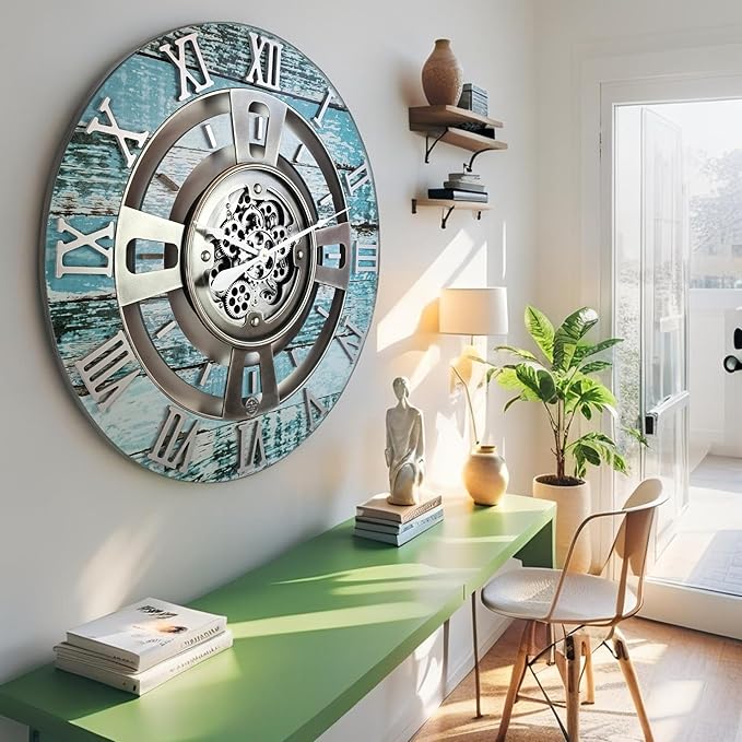 The Gears Clock Real Moving Gear Wall Clock England Line (Aqua Green, 24 inches (60 cm))-Ruum Studio Home