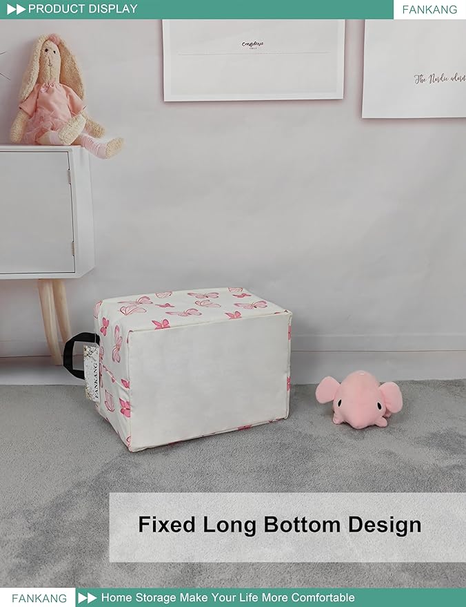 FANKANG Storage Bins, Nursery Hamper Canvas Laundry Basket Foldable with Waterproof PE Coating Large Storage Baskets for Kids Boys and Girls, Office, Bedroom, Clothes,Toys(Rec-pink butterfly-Ruum Studio Home