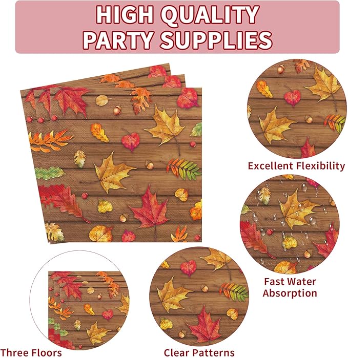 200Pcs Fall Party Decorations Watercolor Autumn Maple Leaves Paper Plates and Napkins Thanksgiving Wooden Grain Tableware Sets for Holiday Harvest Birthday Wedding Dinner Party Supplies Serves 50-Ruum Studio Home