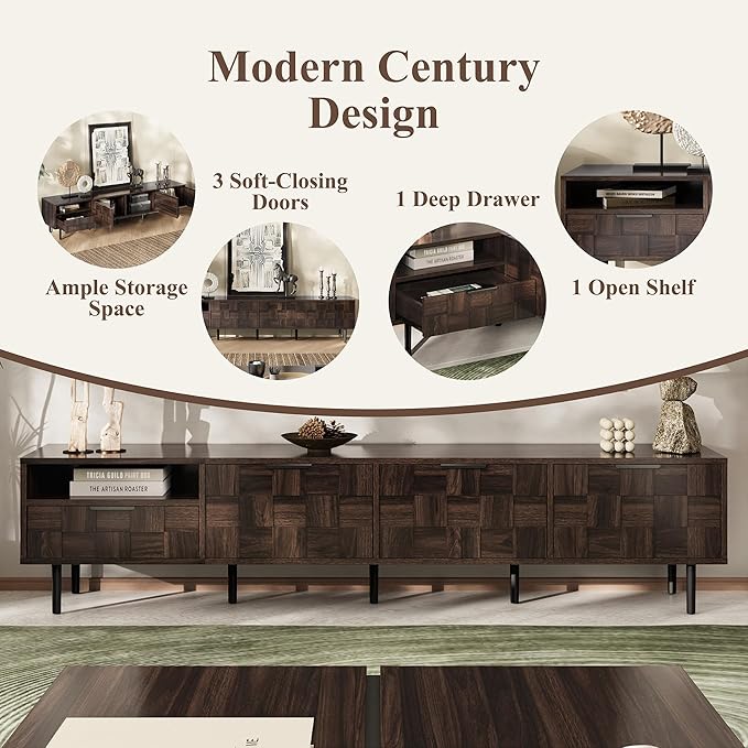 Modern TV Stand for TVs up to 85", Mid-Century Media Console with Checkered Cabinet Doors, Storage Drawers & Open Shelves, Wood Entertainment Center with Metal Legs-Ruum Studio Home