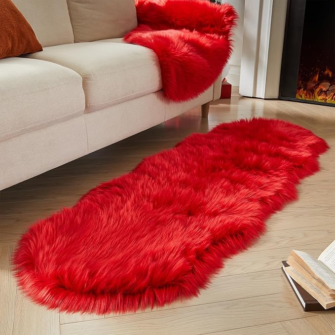 AMTOVO Faux Sheepskin Rug, Red Ultra Soft Fluffy Shag Area Rug, 2 x 6 ft Faux Fur Rug for Bedroom Sofa Throw Cushion Room Decor, Sheepskin-Ruum Studio Home