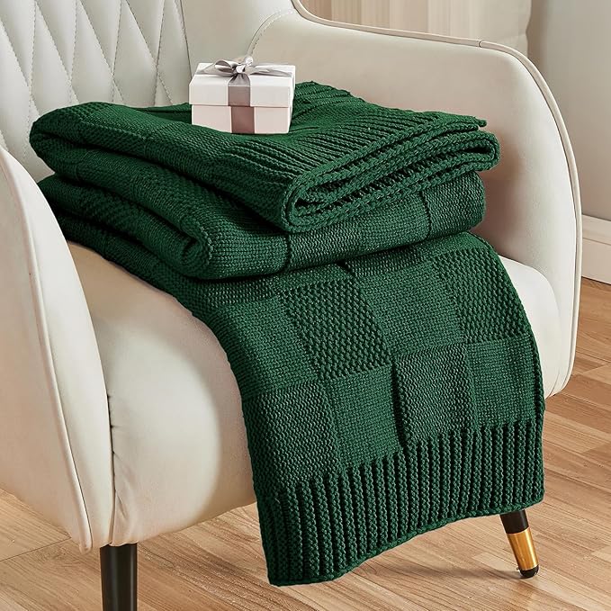 CozeCube Knit Throw Blanket, Green Checkered Throw for Couch, Soft Cozy Warm Knitted Blanket for Bed Sofa Living Room, 60"X80", Forest Green-Ruum Studio Home