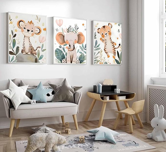 3 Pcs Safari Animals Nursery Canvas Wall Art Jungle Animals Cheetah Elephant Tiger Kids Room Illustration Pictures Wall Decor Posters Print Artwork for Classroom Boy's Girl's Room Bedroom-Ruum Studio Home