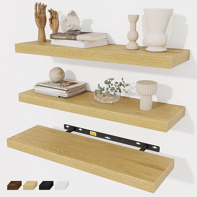 Fun Memories Floating Shelves Wall Shelf 24 inches Long, Farmhouse Bathroom Shelves Bedroom Kitchen Living Room Shelf Wall Mounted, 24 x 6.7 x 1.4 inch Set of 3, Oak Color-Ruum Studio Home