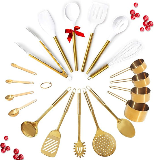 Gold Kitchen Utensils Set - 19-Piece Set Includes Stainless Steel Gold Utensils, White Silicone Tools, and Measuring Cups and Spoons - Luxury Kitchen Accessories for Modern Cooking, Serving, & Gifting-Ruum Studio Home