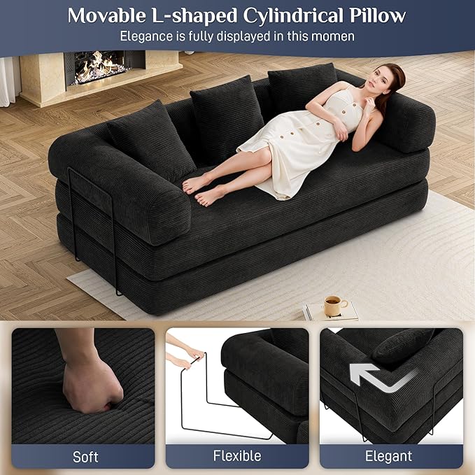 Convertible Sleeper Sofa Bed with Pillow, 4-in-1 Corduroy Folding Mattress Couch with Fixed-Shape Frame, Futon Fold Out Floor Sofa Cama Lounge Couch for Living Room Bedroom Studio, Black-Ruum Studio Home