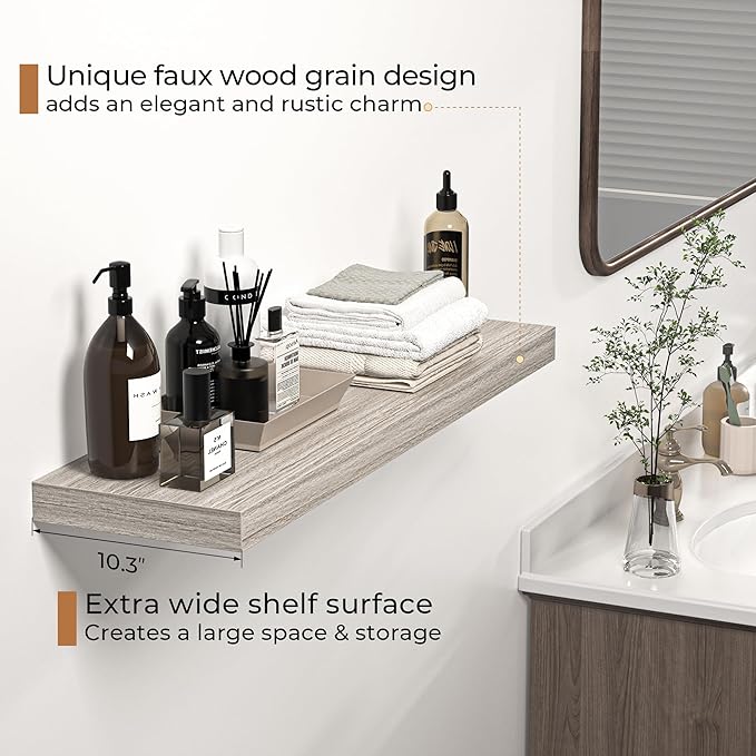 Floating Shelves - 10.3 Inch Deep Wall Shelf for Decor & Storage - Wall Mounted Display Shelving with Invisible Heavy-Duty Metal Bracket - 36" W x 10.3" D x 1.8" H - Set of 1 - Rustic Grey-Ruum Studio Home