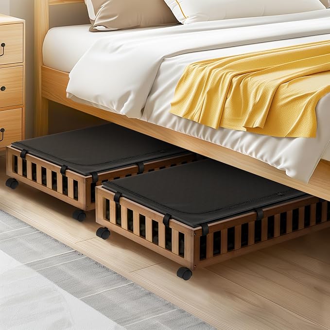 2 Pack Bamboo Under Bed Storage with Wheels, 39”x20”x7.8” Lager Under Bed Storage Containers (Brown)-Ruum Studio Home