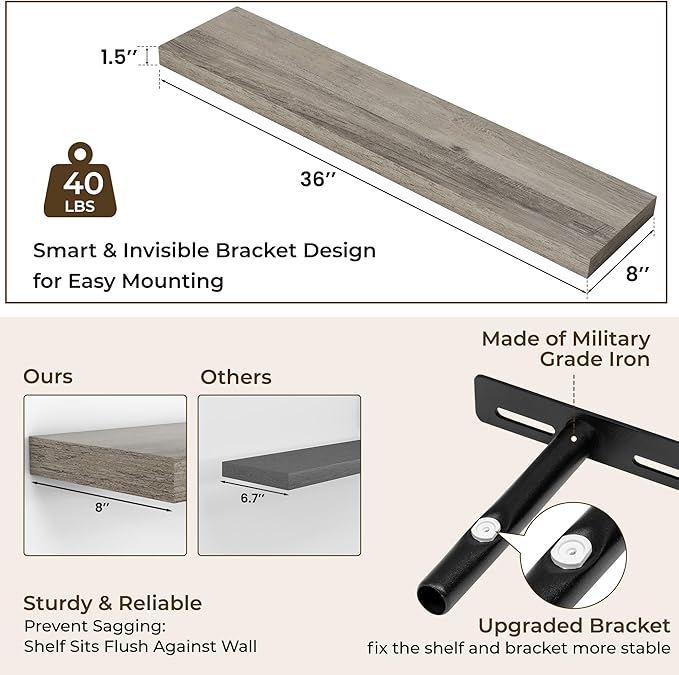 RICHFOCUS 36Inch Floating Shelves for Wall 2 Pack Shelves for Bedroom|Kitchen|Bathroom Wall Mounted Rustic Wood Floating Shelf with Invisible Brackets for Books|Storage|Decor, Grey-Ruum Studio Home