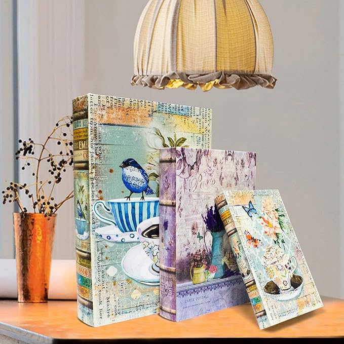 Decorative Book Box Set of 3, Trinket Keepsake Greeting Card Storage Box, Flower Bird Pattern Vintage Coffee Table Decoration, Graduation Gift Idea-Ruum Studio Home