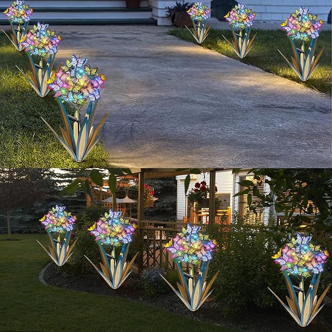 Homight Solar Metal Agave Butterfly Flower Stick Garden Sculpture - Outdoor Christmas Lights With Swaying Butterfly Sunflower - Solar Outdoor Gift (3 PCS Blue)-Ruum Studio Home