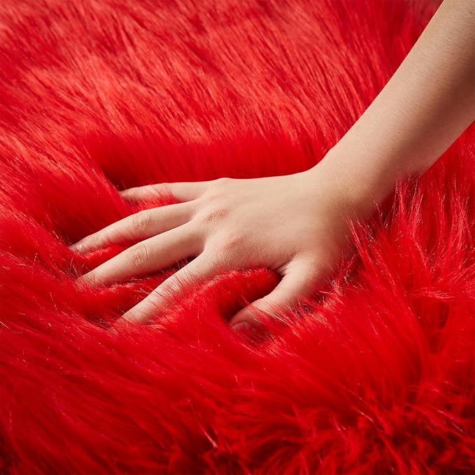 AMTOVO Faux Fur Rug, Red Ultra Soft Fluffy Shag Sheepskin Rug, 2 x 6 ft Runner Area Rugs for Bedroom Sofa Throw Cushion Room Decor, Rectangle-Ruum Studio Home