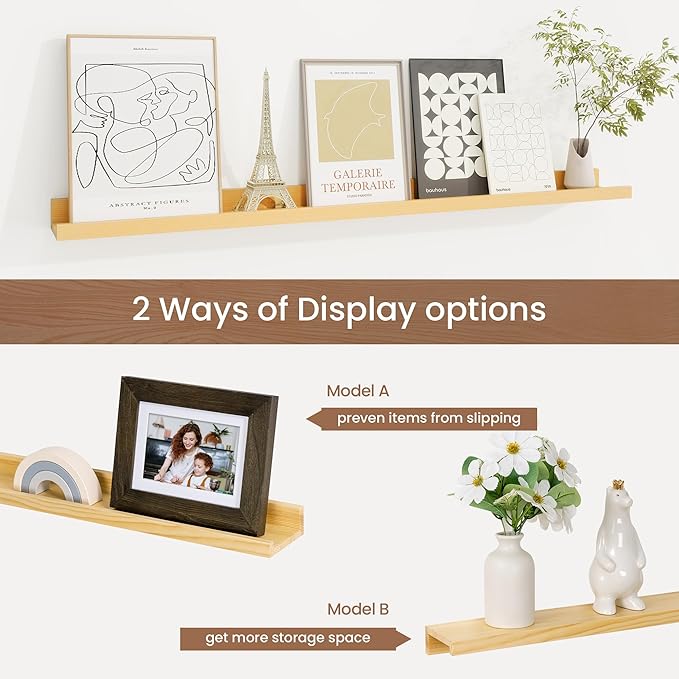 Picture Ledge Shelf, Solid Pine Wood Floating Shelves Set of 2, 36 Inches Nursery Book Shelves for Toys Storage, Kids Bookshelf Wall Mounted for Living Room Bedroom Decor Books Photo Frames, Natural-Ruum Studio Home