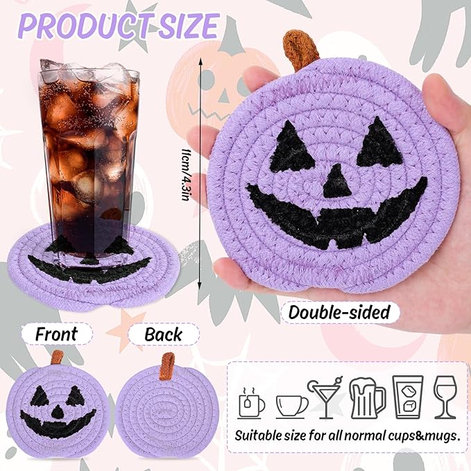 Whaline Halloween Pumpkin Cotton Coasters Colored Pumpkin Face Handmade Braided Drink Coasters Pink Purple Orange Absorbent Cup Mats for Trick or Treat Party Home Table Decor, Set of 4-Ruum Studio Home