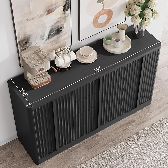 Buffet Cabinet with Storage, 60" Fluted Coffee Bar with 4 Drawers & 2 Doors, Modern Sideboard Buffet with Solid Wood Handle, Credenza Storage Cabinet for Living Room Kitchen Dining Room, Black(1PCS)-Ruum Studio Home