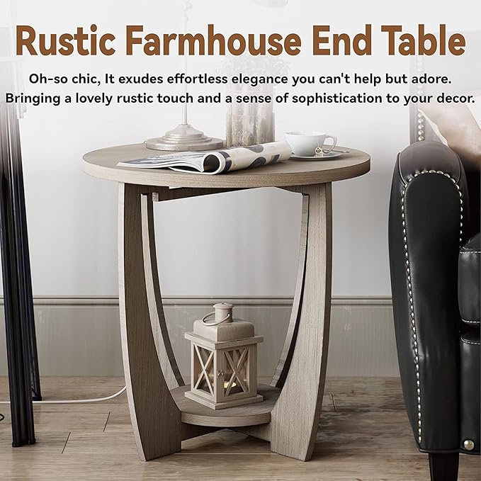 Rustic Farmhouse End Table with Storage Shelf, French Country Accent Side Table for Family, Dinning or Living Room, Small Spaces, Modern, Round, Vintage Grey Finish-Ruum Studio Home
