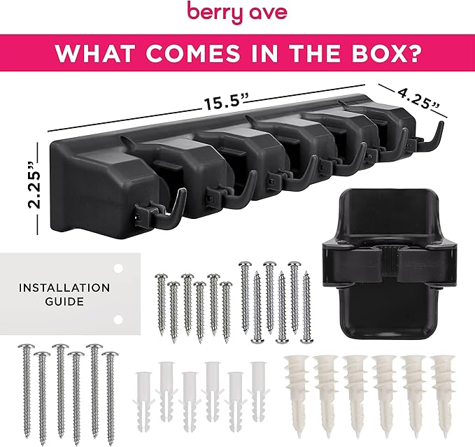 Combo 5 Slot Broom Holder w/ 1 Self Adhesive Mop Gripper No-Drilling, Wall Mount Tool Organizers For Kitchen, Garage, Laundry Room- Anti-Slip Hanger For Brooms, Mops, Rakes, Dustpans (Black / Black)-Ruum Studio Home