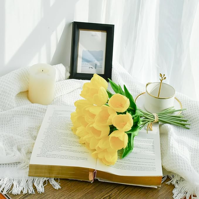 Mandy's Artificial Tulips 12 Stems Yellow Partially Open PU Faux Flowers for Wedding Home Decor 13.5 Inch-Ruum Studio Home