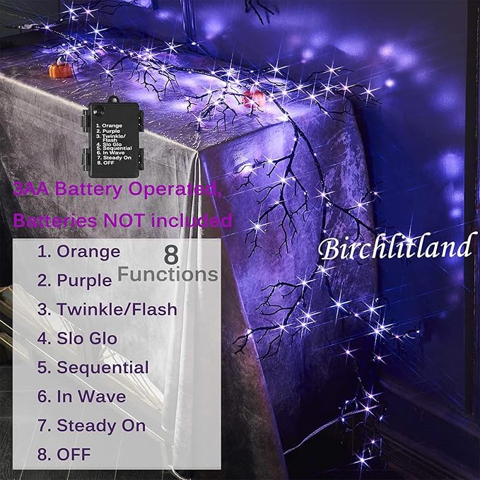 Birchlitland Halloween Lighted Garland 6FT 120L Orange and Purple Bi-Color LED Lights 8 Functions, Black Glittered Garland Lights Battery Operated for Indoor and Outdoor Halloween Party Decoration-Ruum Studio Home