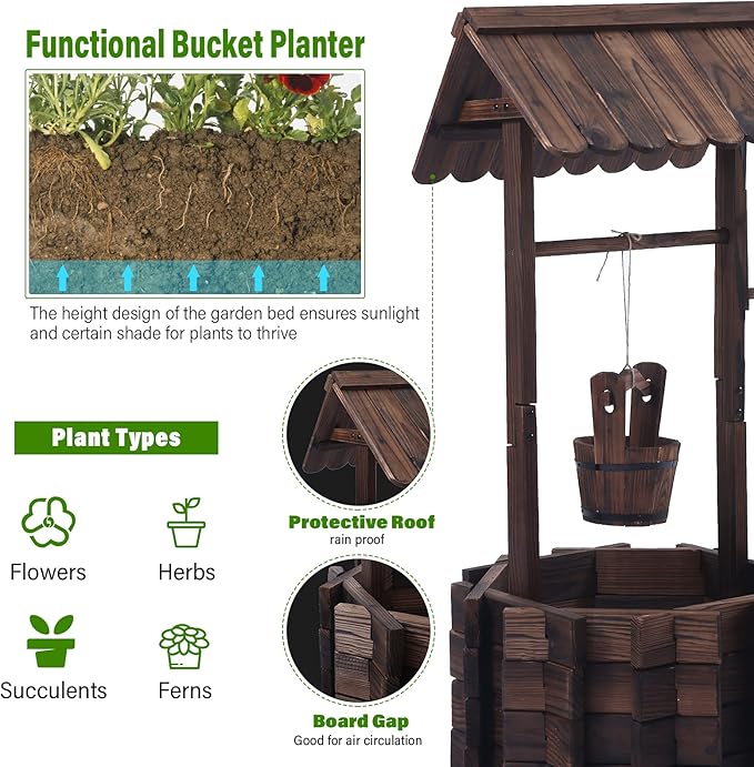 Garden Wooden Decor Rustic Wishing Well Planter Outdoor Home Décor for Patio, Upgrade Wishing Well Garden, Yard Hanging Bucket Patio Lawn Backyard Home Decor-Ruum Studio Home