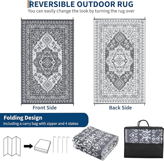 GAOMON Outdoor Patio Rug 9x12 Waterproof Reversible Plastic Straw Rug, Large UV-Resistant Portable RV Camping Mats, Indoor Outdoor Rugs for Outside Deck Porch Garden RV, Gray & White-Ruum Studio Home