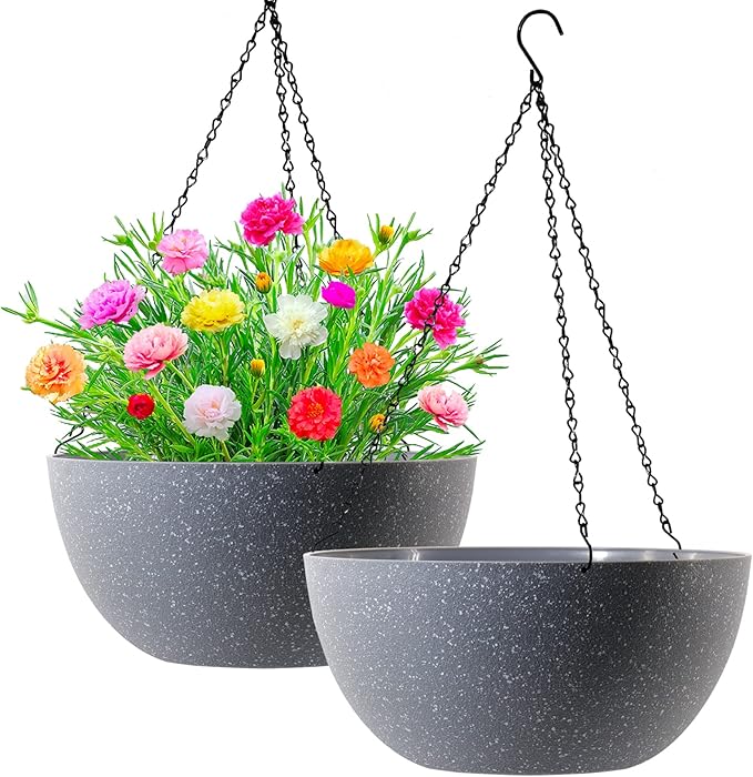 WOUSIWER 13 inch 2 Pack Large Hanging Planters for Indoor Outdoor Plants with Drainage Holes and Chain, Round Hanging Flower Pots for Garden Home Porch Decor, Grey Speckles-Ruum Studio Home