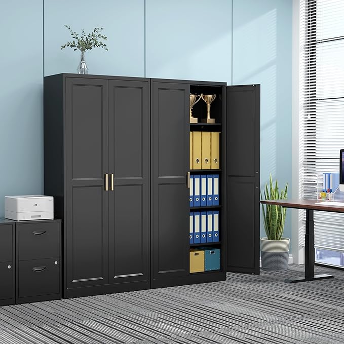 71" Tall Metal Pantry Cabinet, Black Kitchen Pantry Storage Cabinet with 4 Adjustable Shelves and Gold Handles, Cupboard for Kitchen, Dining Room, Living Room, Bathroom-Ruum Studio Home