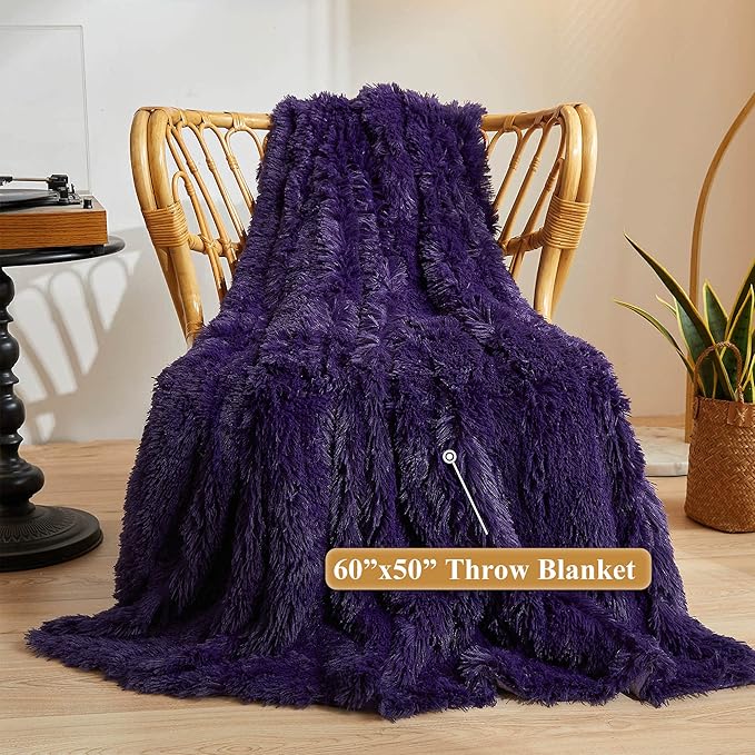 XeGe Plush Faux Fur Throw, Dark Purple Luxurious 50x60 Shaggy Furry Blanket, Thick Fluffy Microfiber Velvet Couch Blanket, Ultra Soft Fuzzy Office Lap Throw for Sofa Bed Car Purple-Ruum Studio Home